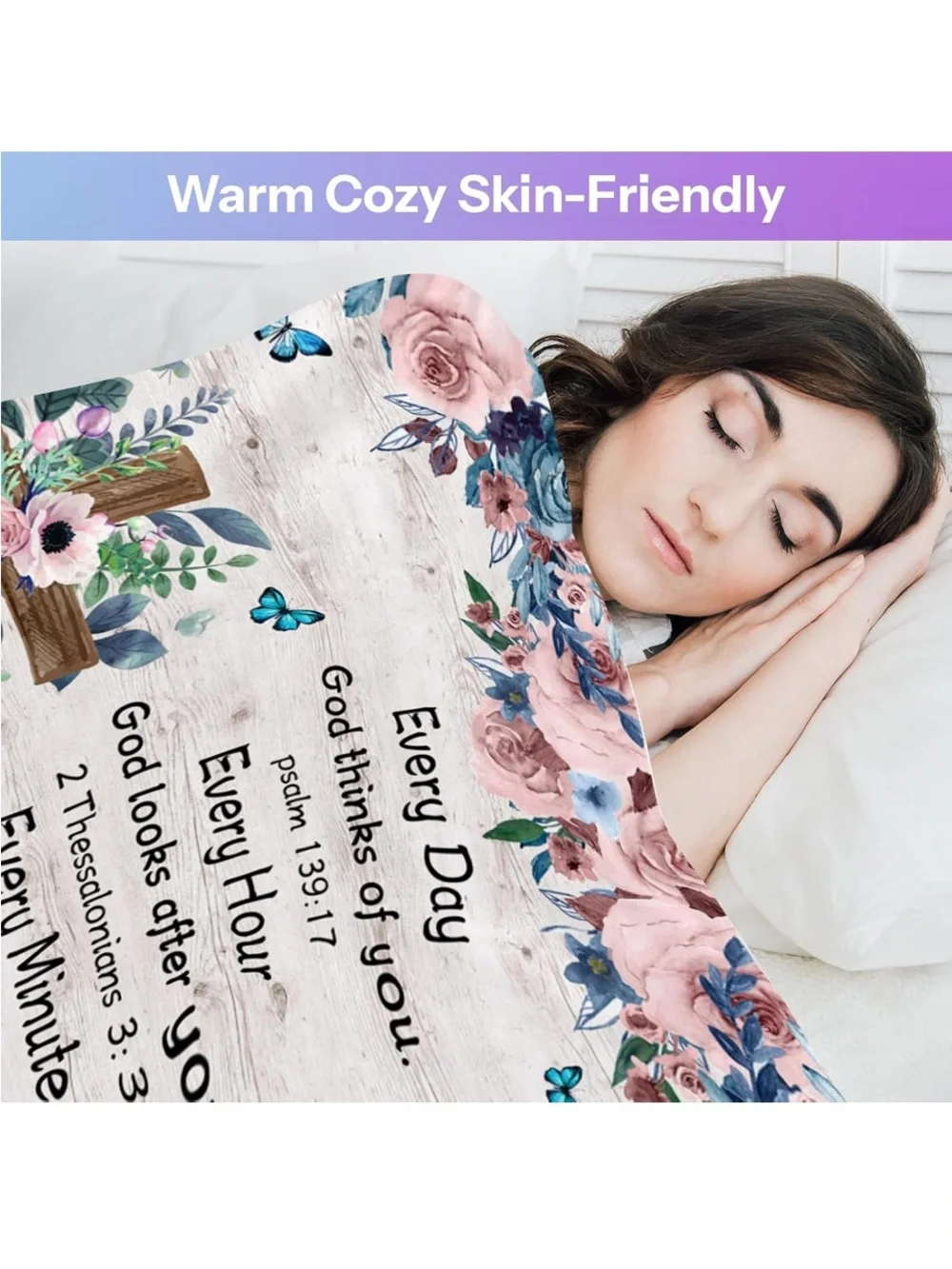 Floral Cross Inspirational Throw Blanket - Pink & Blue